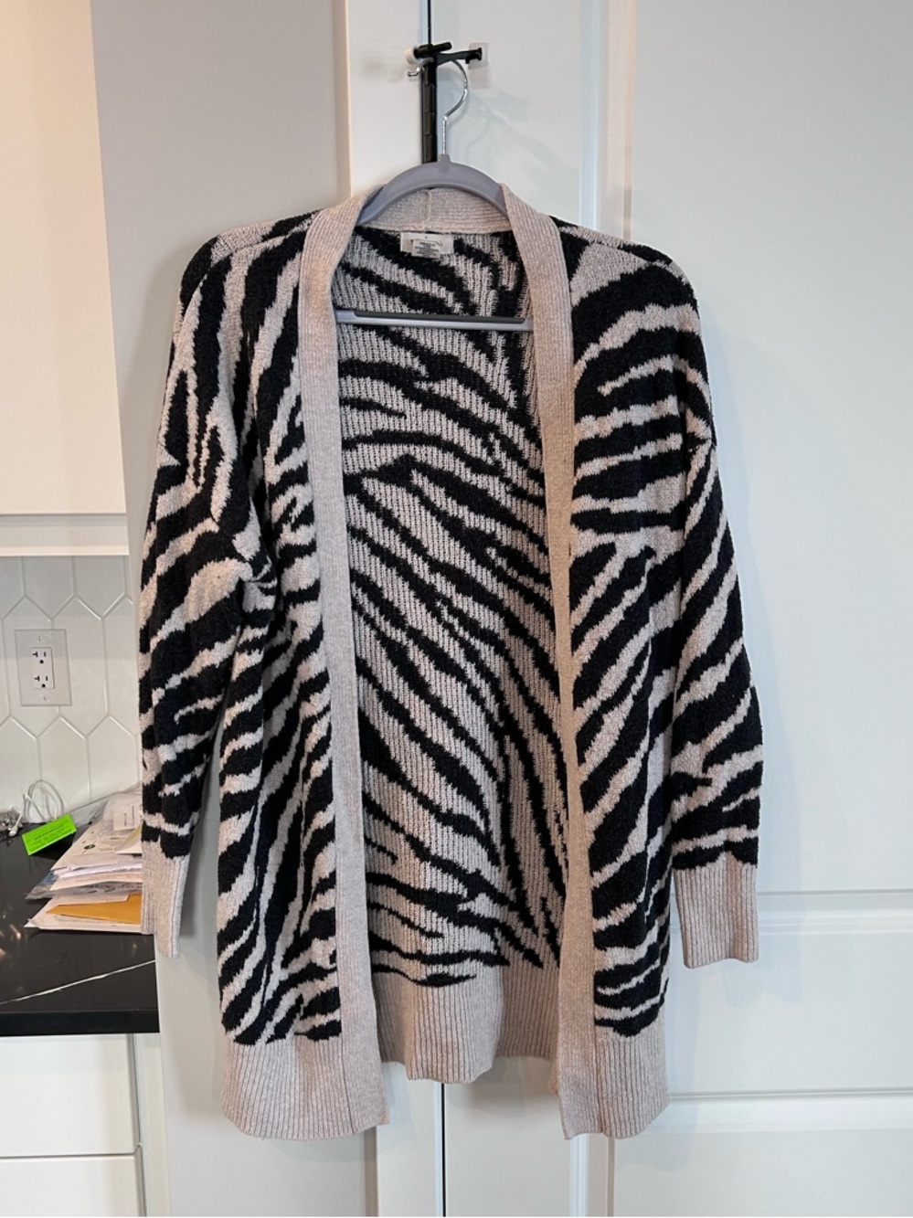 Yes Lola Zebra Print Cardigan Black Cream Open Front Cozy Animal Print Sweater